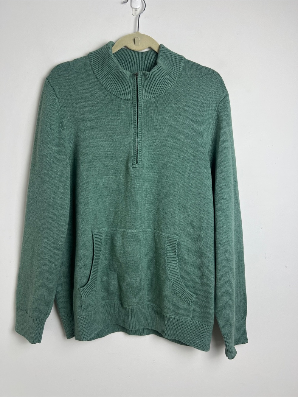L.L. Bean Men's Large‎ Green Wicked Cotton Cashmere Quarter-Zip Knit Sweater